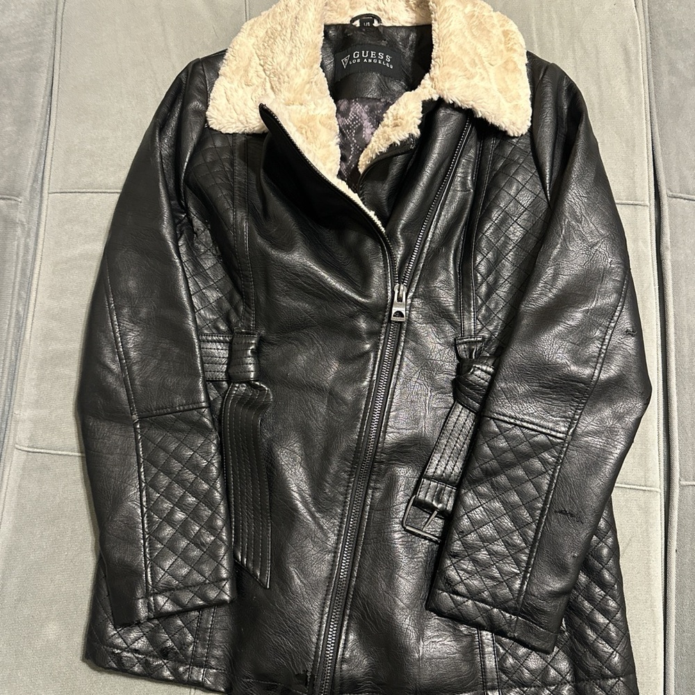 Guess Black Leather Jacket with Cream Fur Collar